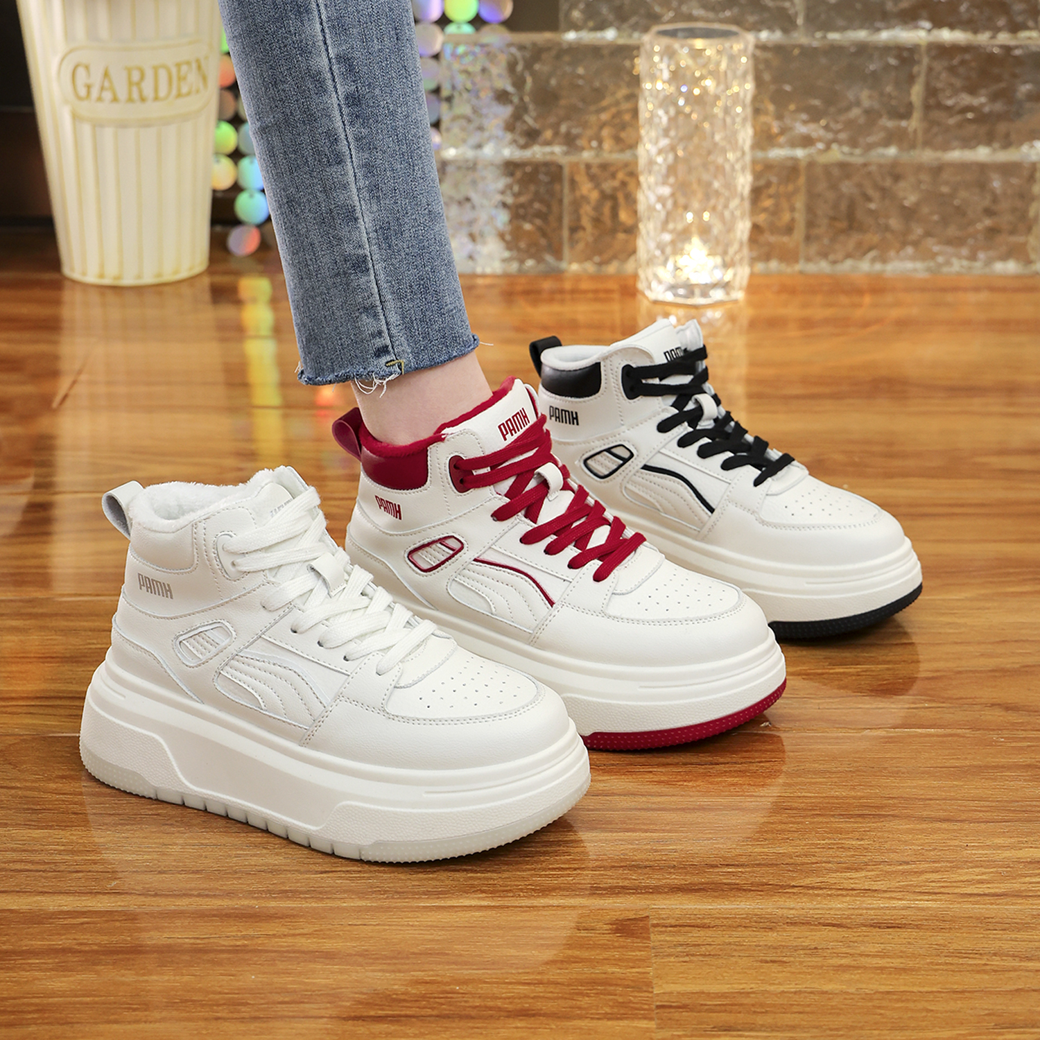 2024冬季高帮加绒小白鞋时尚厚底爆款百搭爆款女鞋防滑保暖