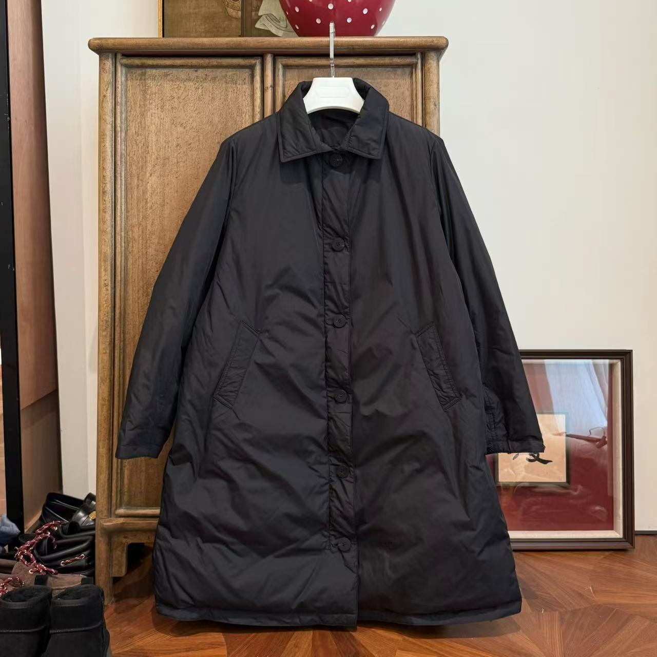 MYL 2024秋冬新品鹅绒羽绒服黑色中长款翻领单排扣宽松羽绒服