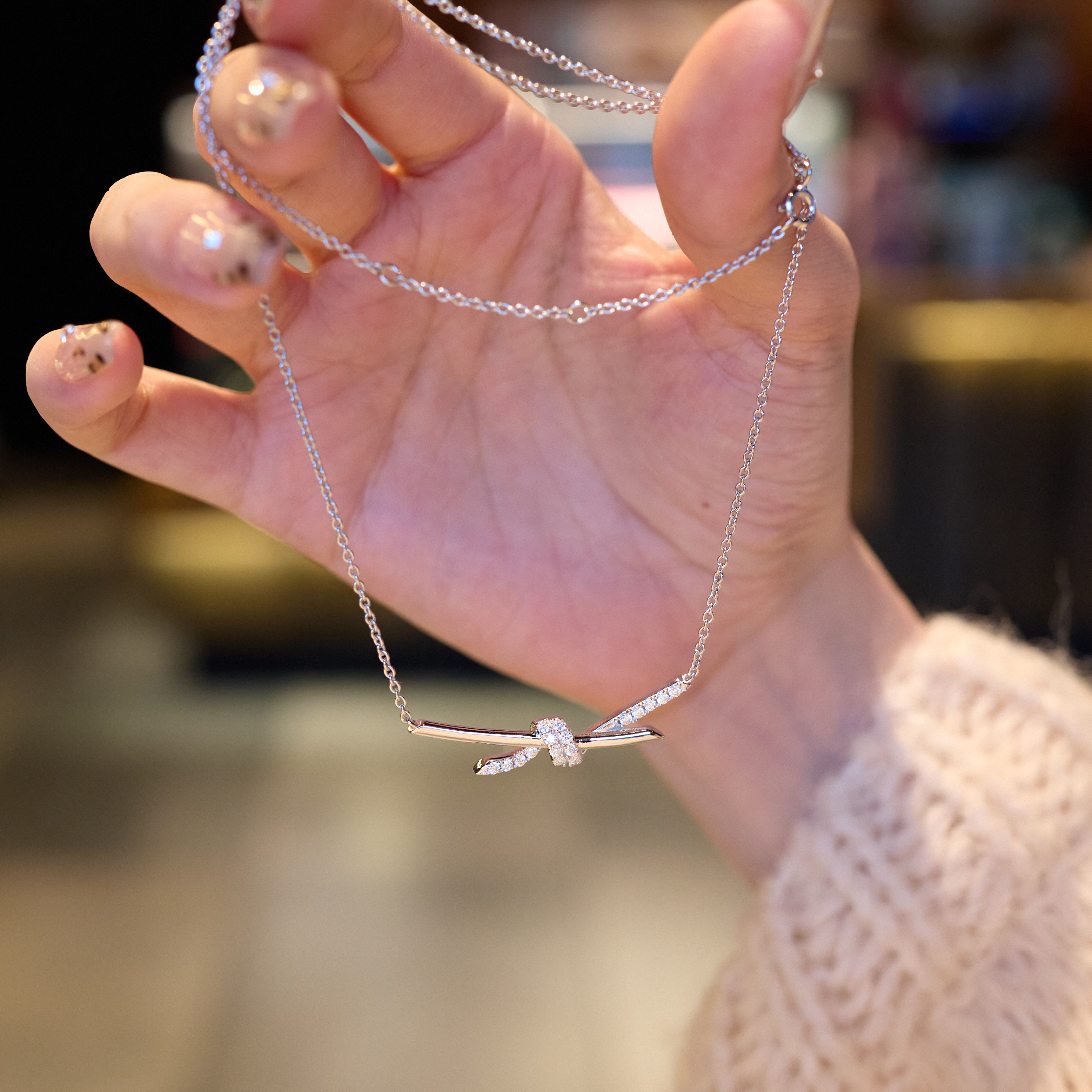 恒美娜 坠链均925银莫桑石 满镶绳结项链简约银色气质甜美百搭