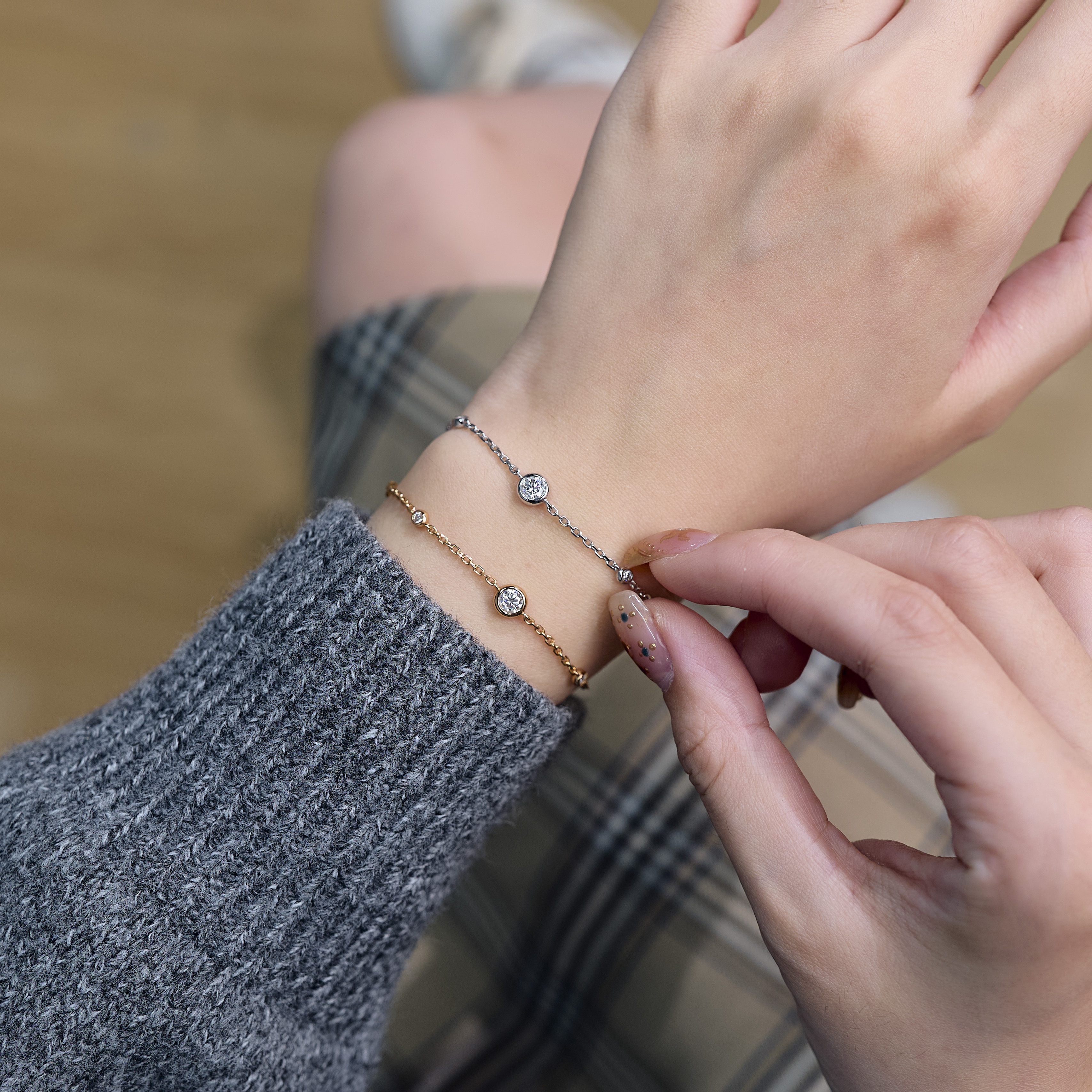 恒美娜 925银莫桑石手链 O泡单圈手链轻奢时尚百搭日常ins女