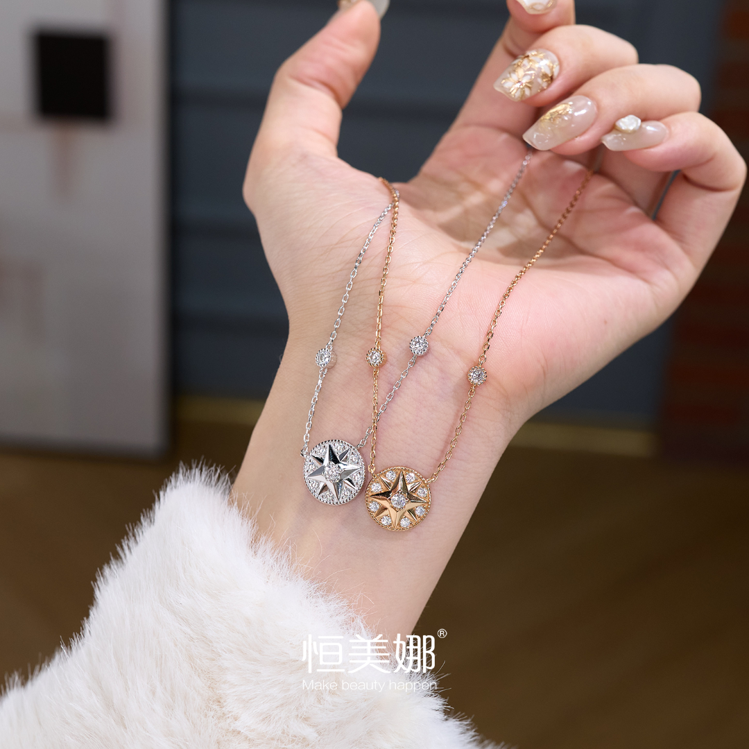 恒美娜 坠链均925银莫桑石 八芒星罗盘项链轻奢时尚女士镶嵌小众