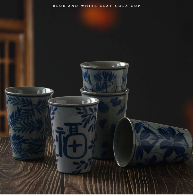  青花陶泥可乐杯家用陶瓷大容量中式手工大号釉下彩陶瓷水杯