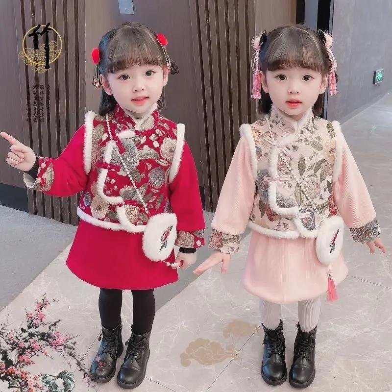 女童唐装冬款汉服套装儿童中国风超仙新款女宝加厚古风拜BQ