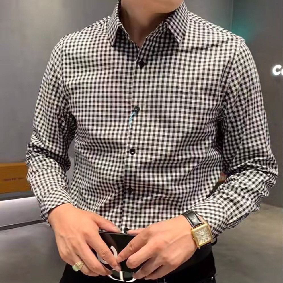 夏季男士修身短袖衬衫格子衬衫上衣男款格子休闲长袖黑白格衬衣