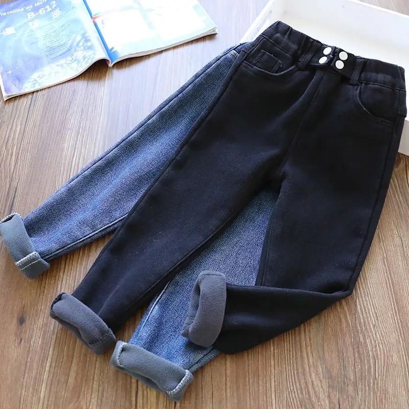 女童加绒牛仔裤秋冬新款童装宝宝中大童铅笔小脚裤高腰一体绒裤子