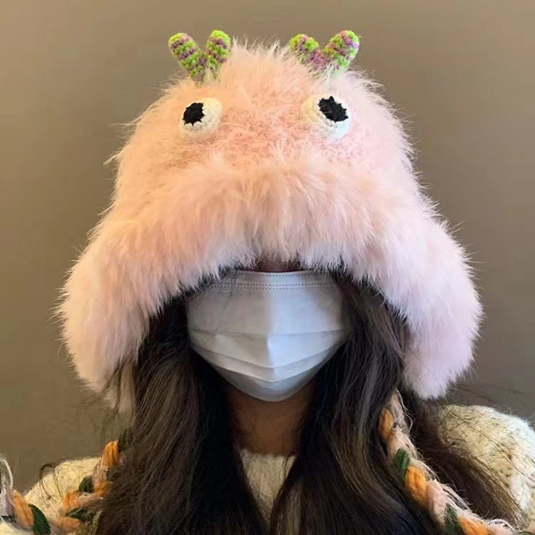 小怪兽卡通毛绒帽保暖毛线帽包头帽子可爱甜美出游少女心秋冬季
