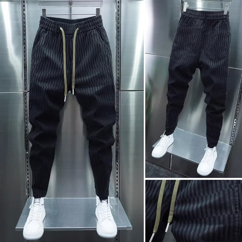 牛仔裤子男秋冬款潮牌修身弹力小脚休闲裤男士潮流百搭条纹哈伦裤