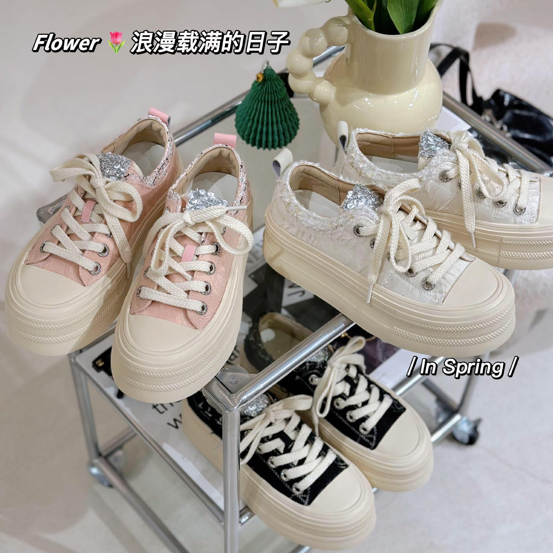 厚底帆布鞋女2023年秋季新款系带圆头休闲百搭轻便小白鞋潮ins