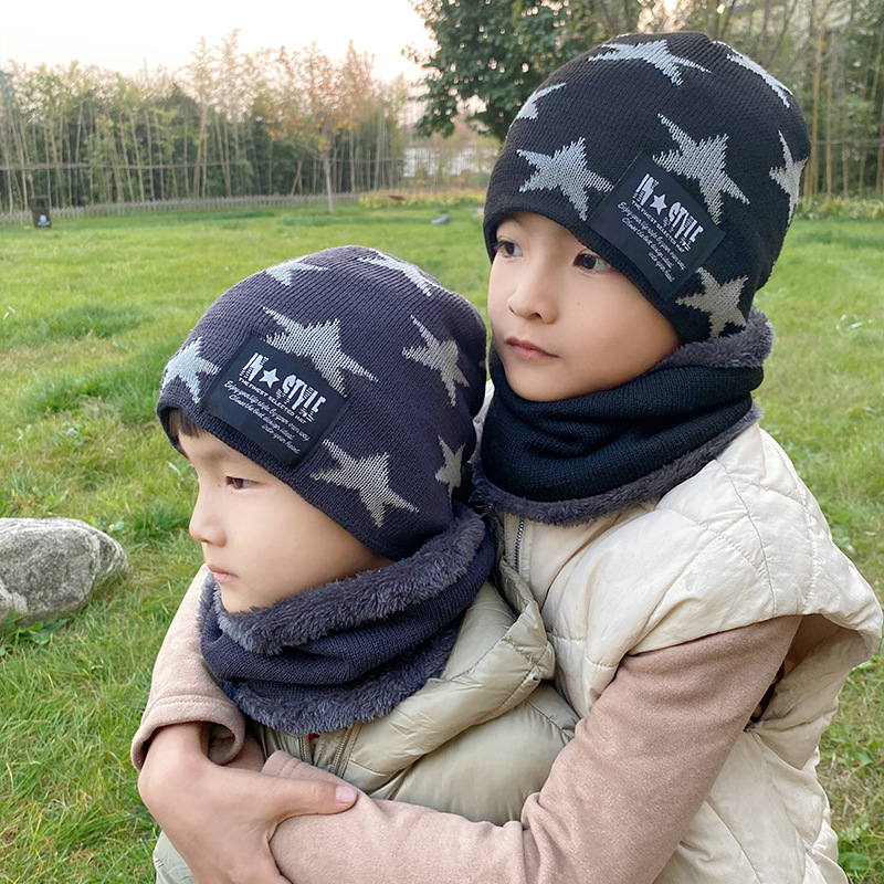 韩版五星儿童毛线帽男女童晴纶保暖帽子围脖套装户外运动针织帽