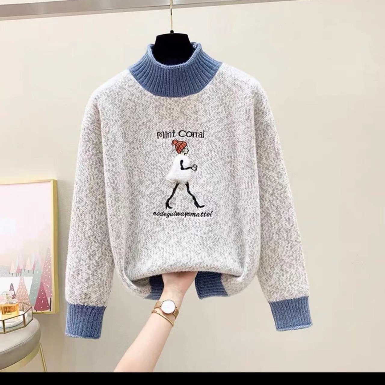 毛衣不起球  刺绣工艺秋冬季女慵懒风长袖针织衫宽松套头上衣加厚