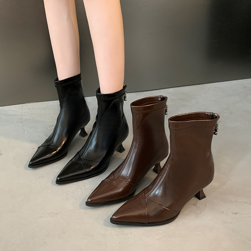 【诺一家加宽加肥大码女鞋】法式尖头瘦瘦靴大筒围细跟短靴切尔西靴