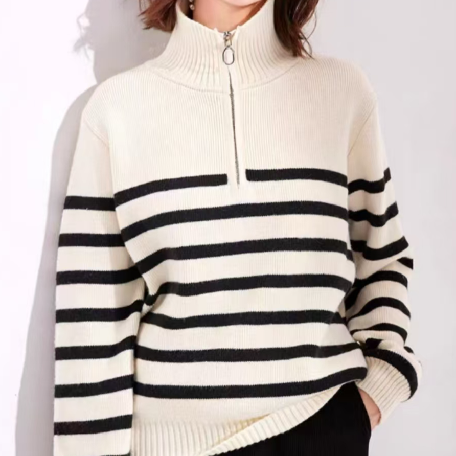 翻领立领半拉链条纹毛衣女秋季2025新款时尚洋气打底针织上衣