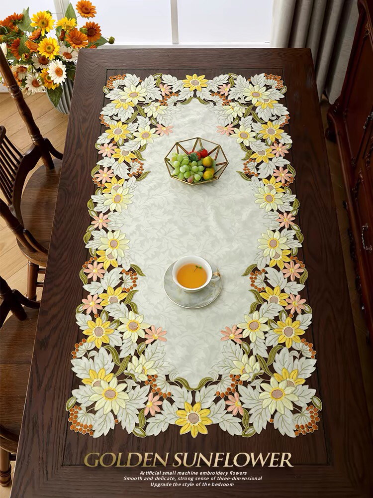 桌旗桌垫桌布电视柜盖巾田园布艺刺绣美式中式尖角椭圆长方向日葵