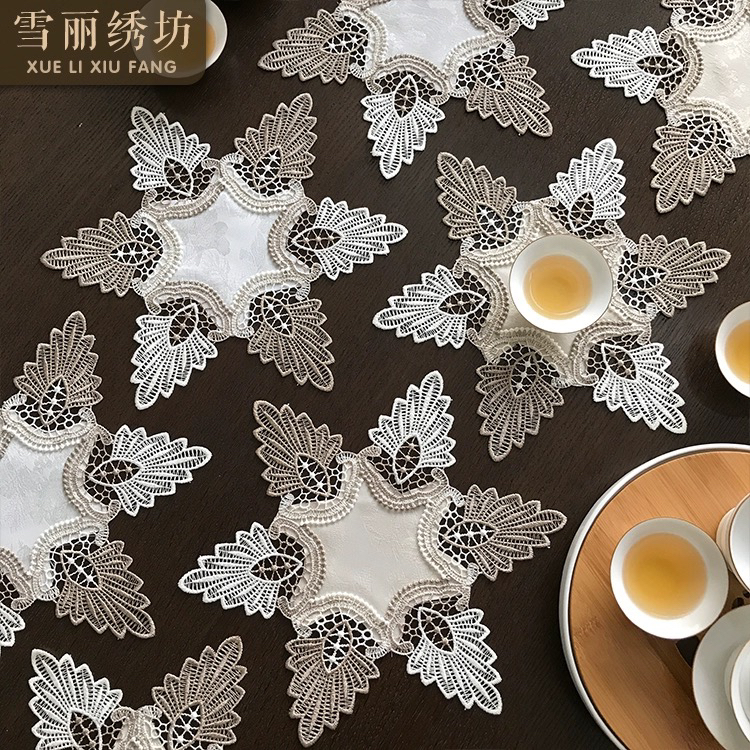 雪丽 凤尾|双色蕾丝圆形盖布现代布艺餐垫杯垫桌布花瓶垫多用盖巾