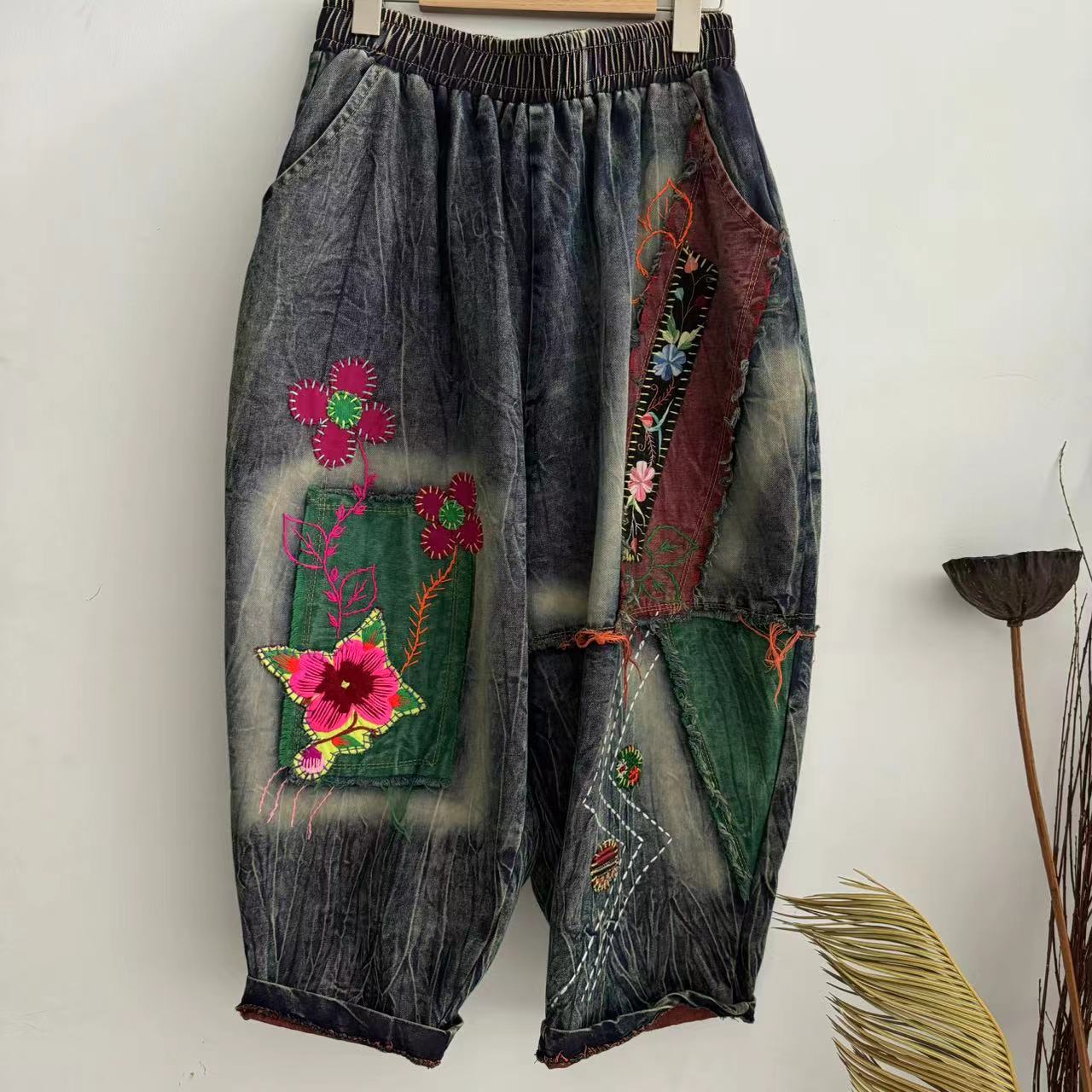 妤然民族风手工刺绣宽松设计款裤子休闲显瘦阔腿女士休闲百搭