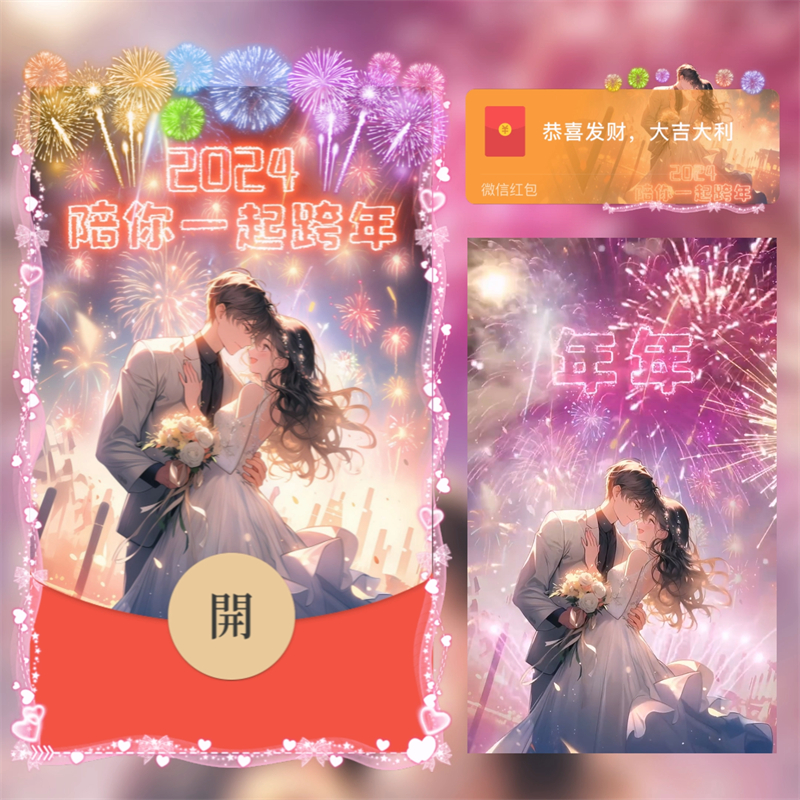 浪漫烟花新年跨年表白龙年2024新款仪式感红包封面vx皮肤设计服务