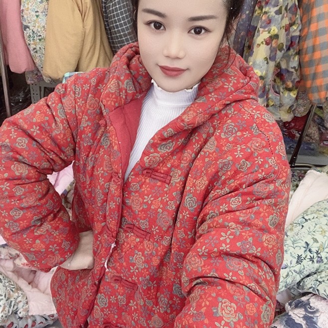 双层纱碎花连帽棉花棉袄口袋休闲款