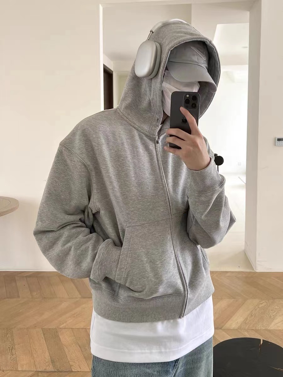 boxy版型外套男宽松秋冬纯色中性落肩连帽拉链轻抓绒廓形春秋长袖