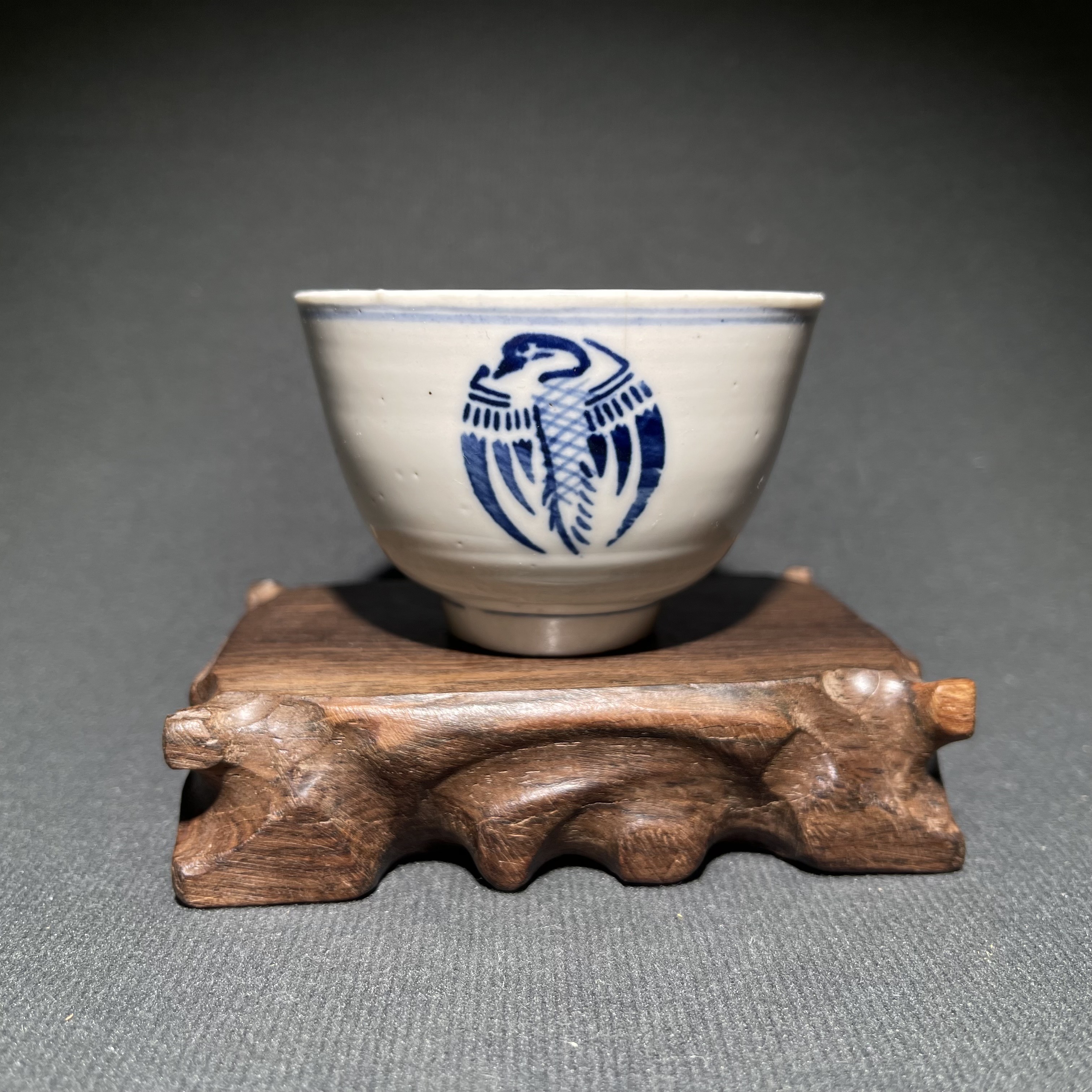 XN00288 民国/青花团鹤纹压手杯/古瓷器/文物商店