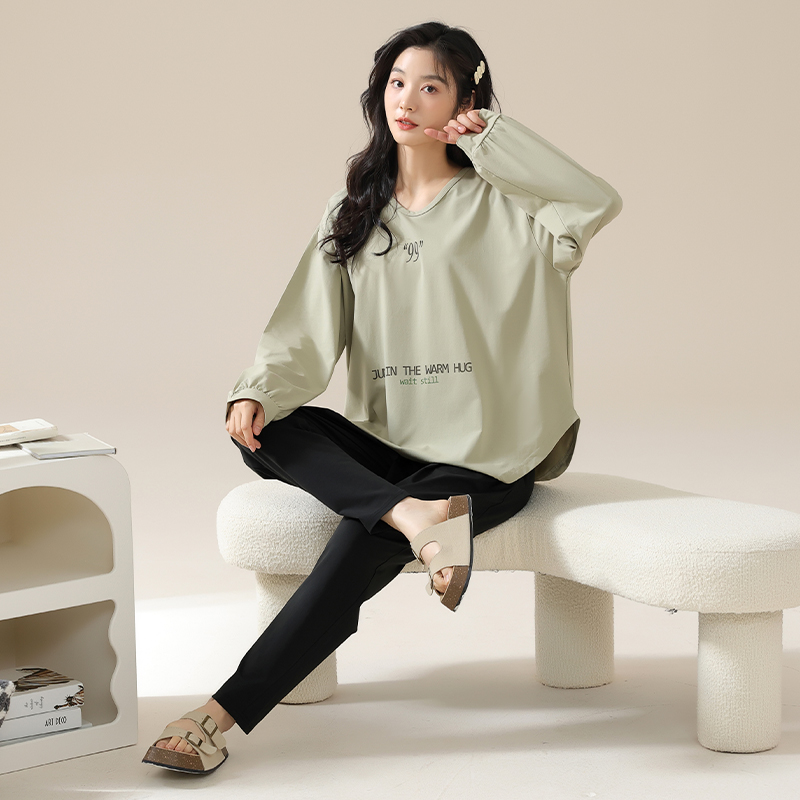 【长袖套装】纯棉春秋夏季新款圆领韩版简约宽松大码女家居服睡衣