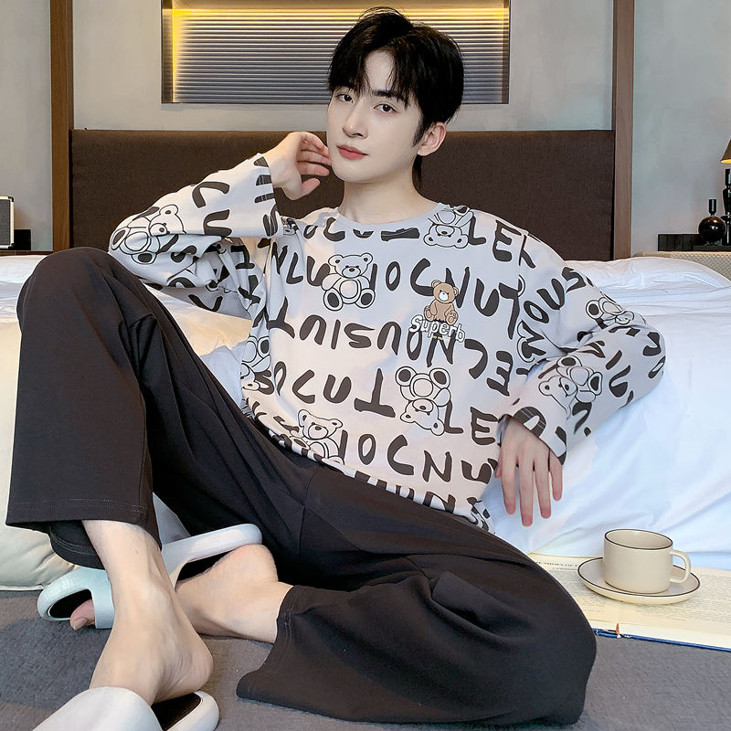 春秋季长袖长裤纯棉大码睡衣男士男生时尚休闲可外穿家居服套装