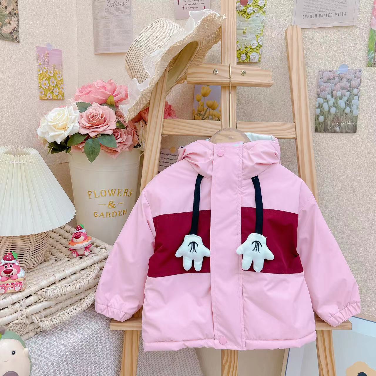 冬款新款女童可爱兔耳朵撞色小手加棉加绒连帽外套 D-ZK236