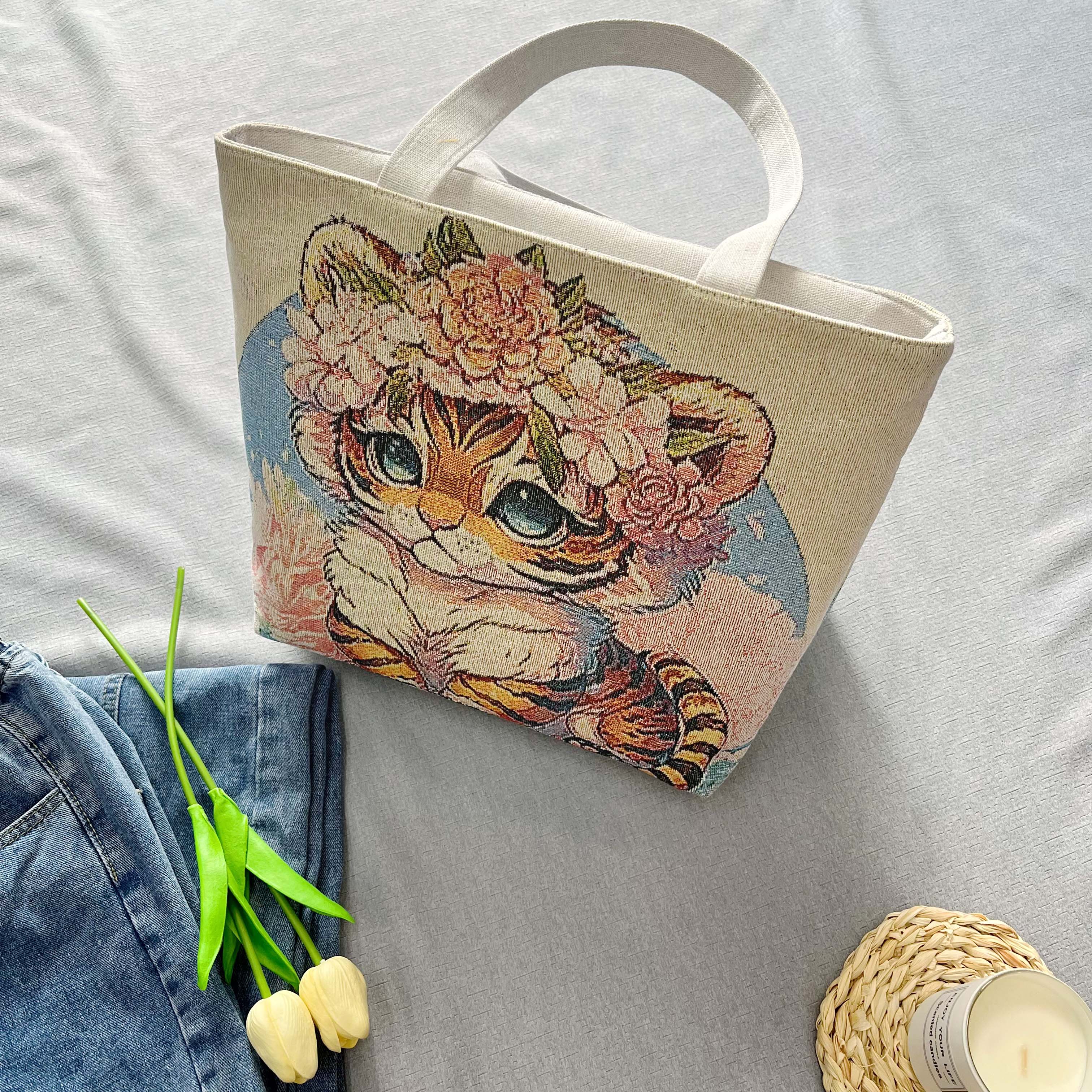 虎虎生威帆布包包手提双面金丝刺绣手提帆布包日常出门装饭盒耐背