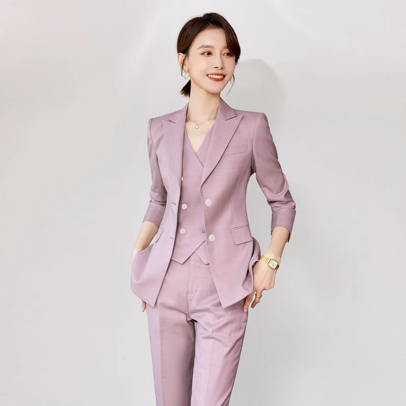 紫色正装三件套女装修身西装套装女总裁小西服马甲三件套女装