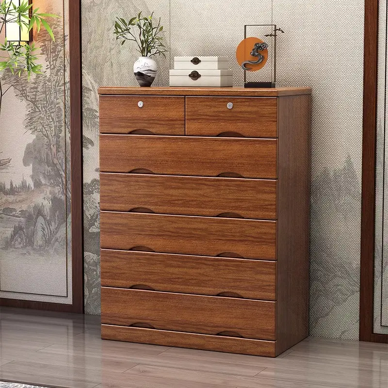 新中式五斗柜实木卧室抽屉式储物收纳矮柜轻奢带锁五六斗橱柜简约