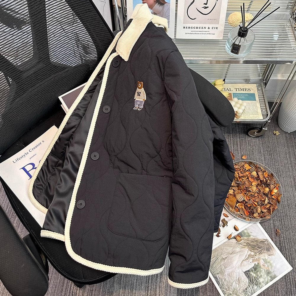仓石一树撞色拼接翻领小熊刺绣棉服男女款秋冬季别致菱形夹棉外套