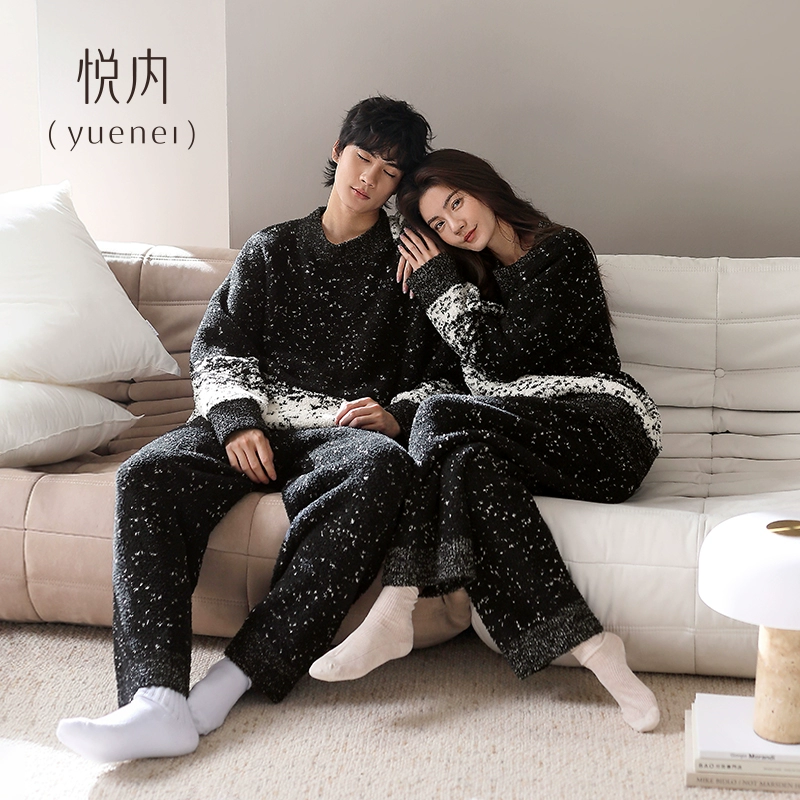 悦内半边绒情侣睡衣女秋冬季冬款珊瑚绒加绒加厚保暖家居服男套装