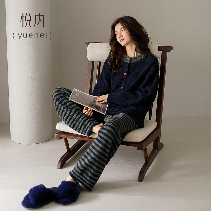 悦内半边绒睡衣女士秋冬款冬季毛绒加厚珊瑚绒家居服冬天保暖套装