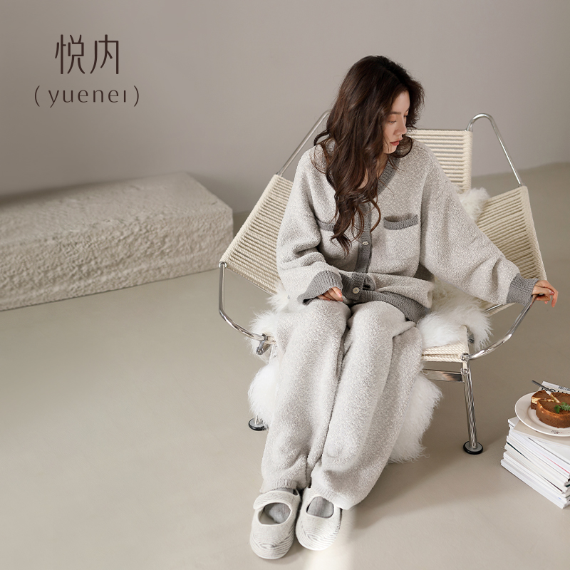 悦内半边绒睡衣女士秋冬款冬季珊瑚绒加绒加厚冬天毛绒家居服开衫