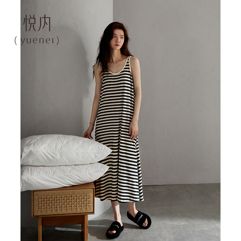 悦内【带胸垫】夏季纯棉吊带背心女士睡裙带胸垫一体条纹休闲长款裙