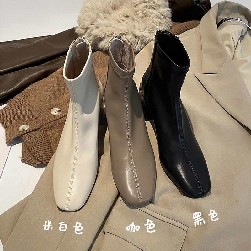 UJJG网红粗高跟瘦瘦靴女春秋单靴2023年新款方头法式短靴袜靴子