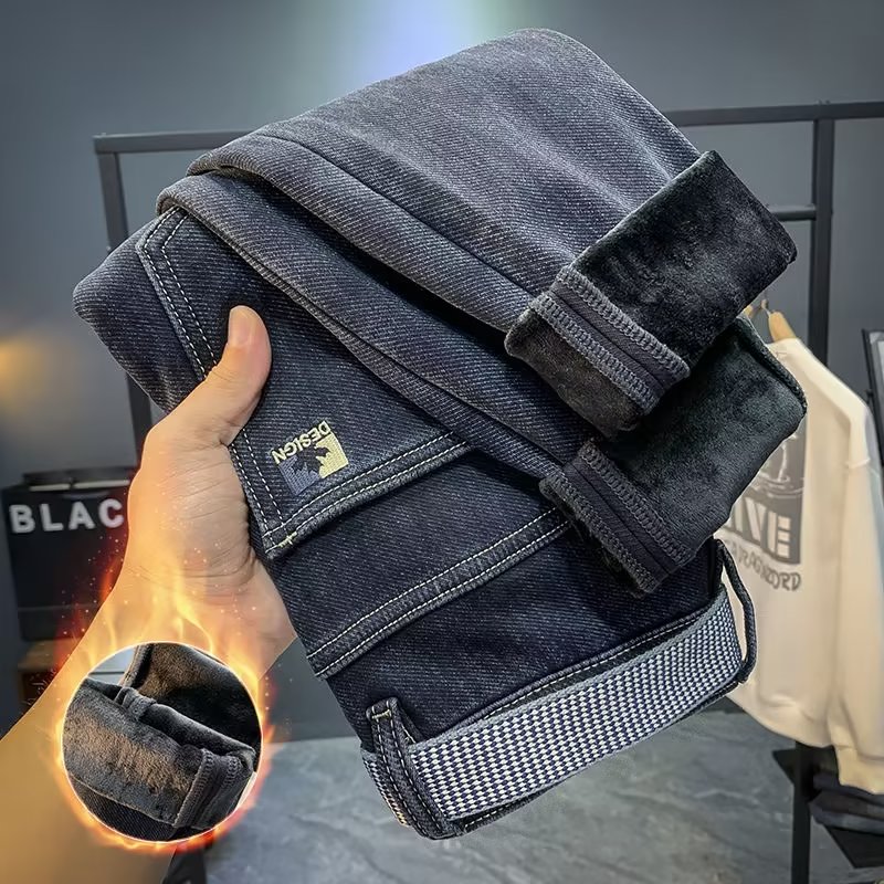 高端轻奢男款牛仔裤冬季加绒加厚保暖刺绣长裤一体绒修身小脚男裤