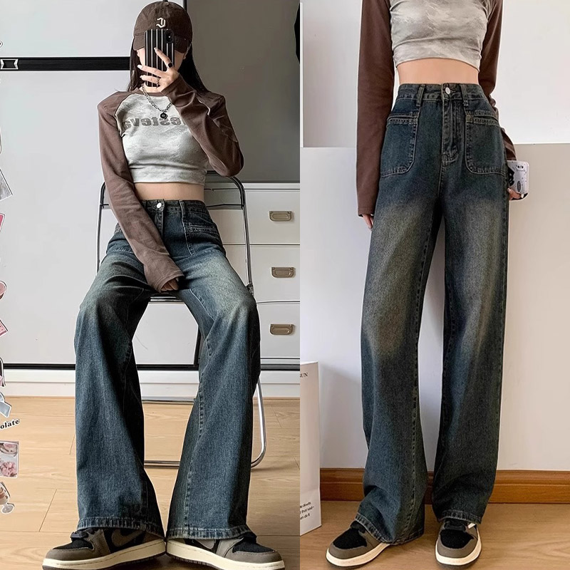 直筒牛仔裤女春秋季宽松显瘦高腰百搭复古休闲长裤垂感阔腿拖地裤