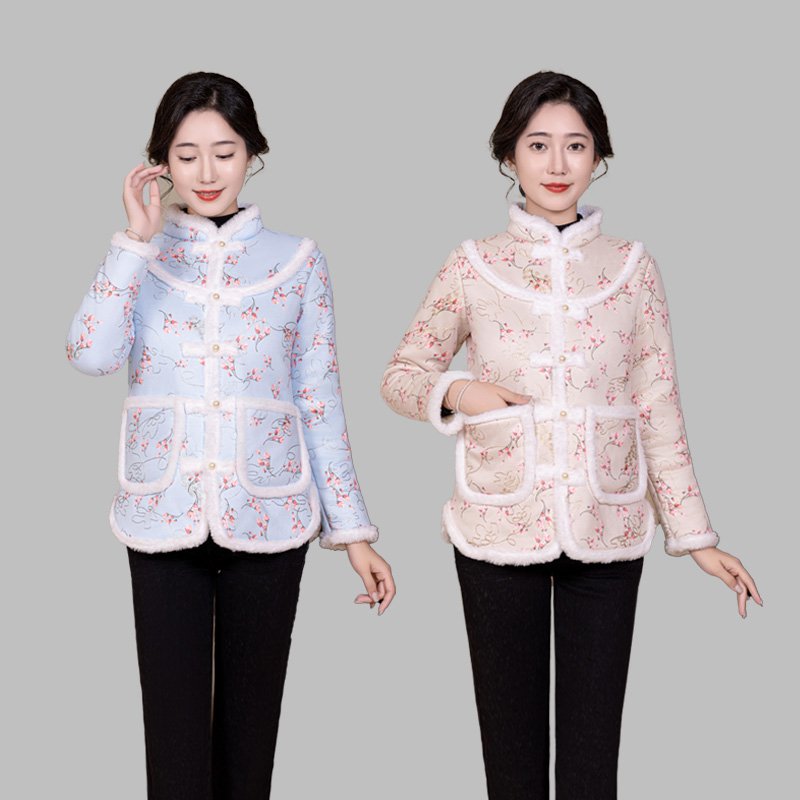 中年妈妈冬装民族风碎花棉衣加绒加厚外套中老年人女装