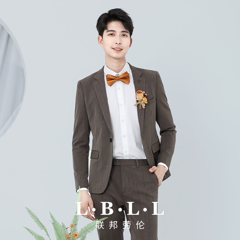 联邦劳伦男士休闲西服套装正装韩版修身条纹结婚礼服8223