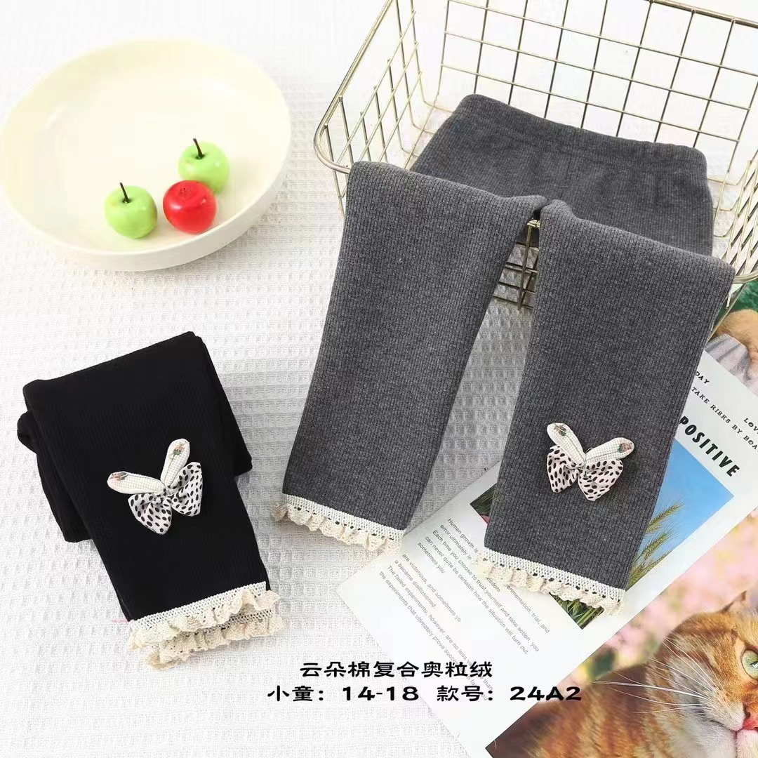 豹纹蝴蝶图案薄绒花边一体绒打底裤女童裤子