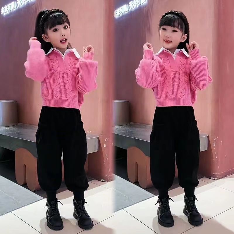 童秋冬季套装儿童洋气毛衣加绒加厚哈伦裤时髦洋