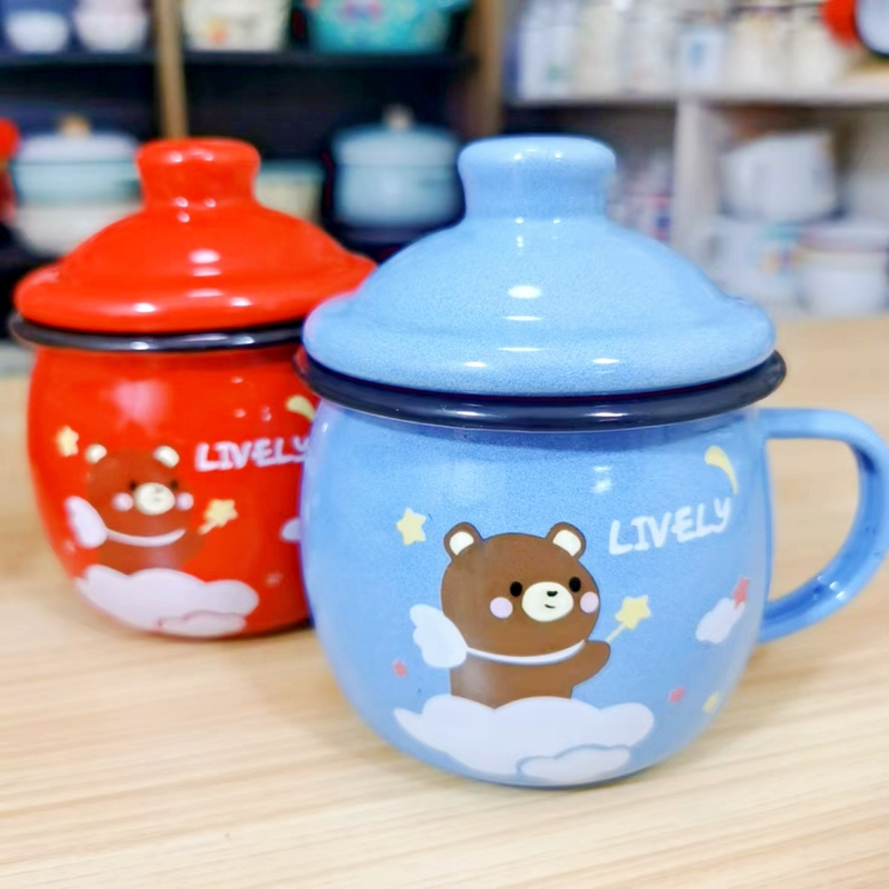 8cm搪瓷杯带盖加厚老式茶缸卡通杯摔不碎可爱儿童喝水杯家用奶杯