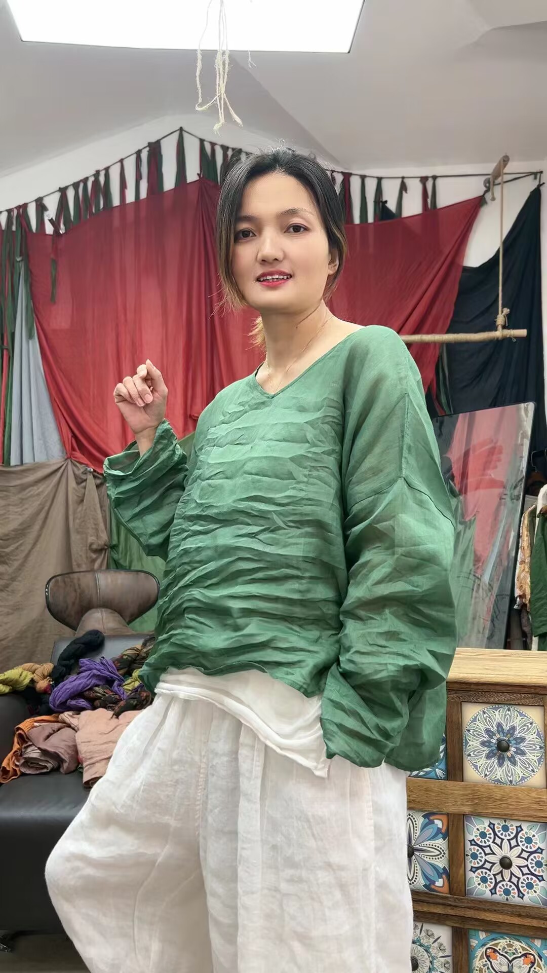 纯苎麻V领套头开叉时尚百搭夏季上衣宽松褶皱中式国风女士打底衫