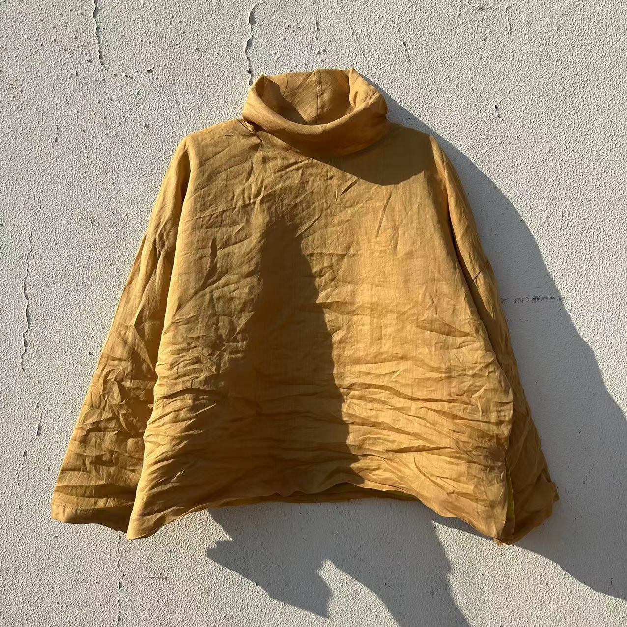 冬季新款纯苎麻长袖打底双面黄色套头宽松百搭堆堆高领休闲上衣潮