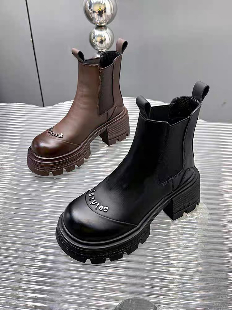 999-8 简约百搭复古烟筒靴女粗跟厚底洋气小短靴子女鞋