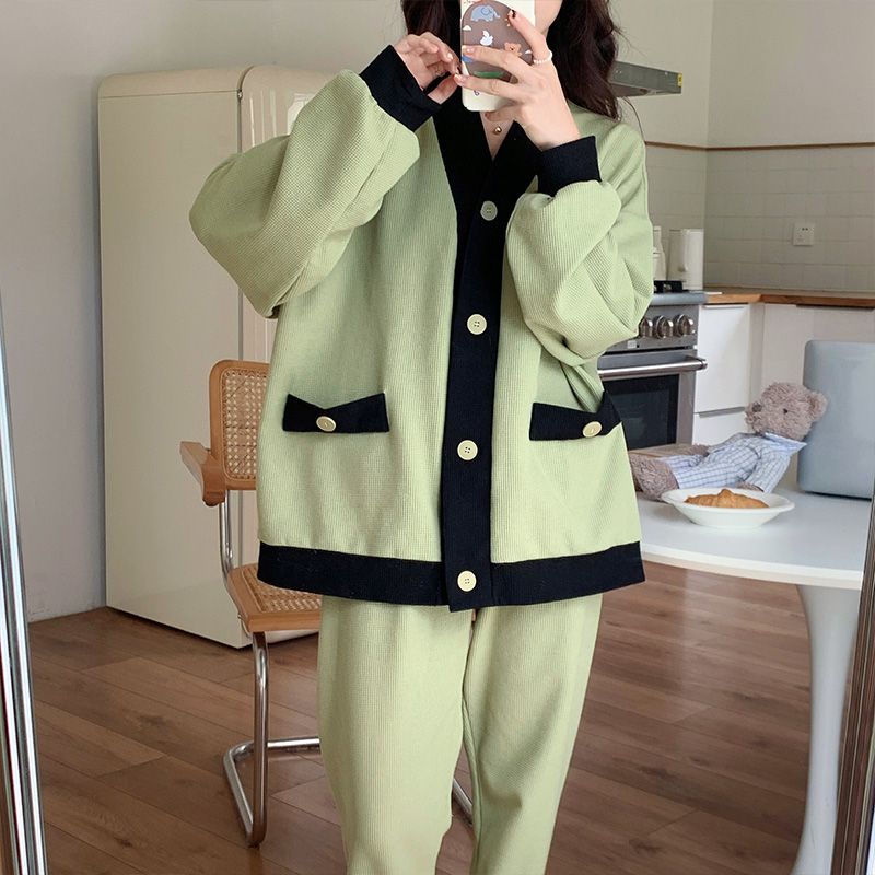 2023睡衣女秋冬季新款华夫格长袖长裤舒适柔软可外穿家居服套装