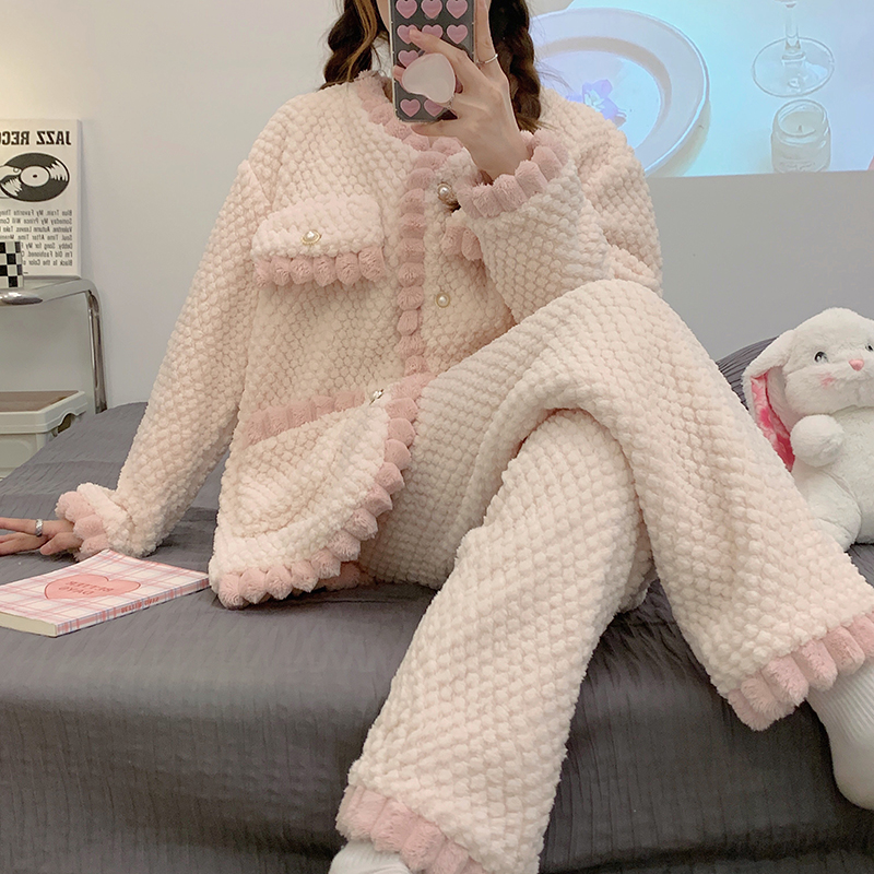 747# 冬季玫瑰绒小香风睡衣女公主风加厚甜美家居服套装 300克