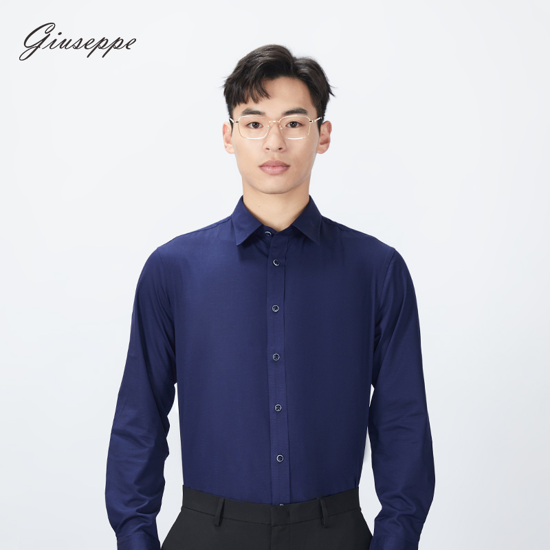 乔治白男士春秋混纺微弹长袖衬衫商务尖领修身纯色休闲衬衣