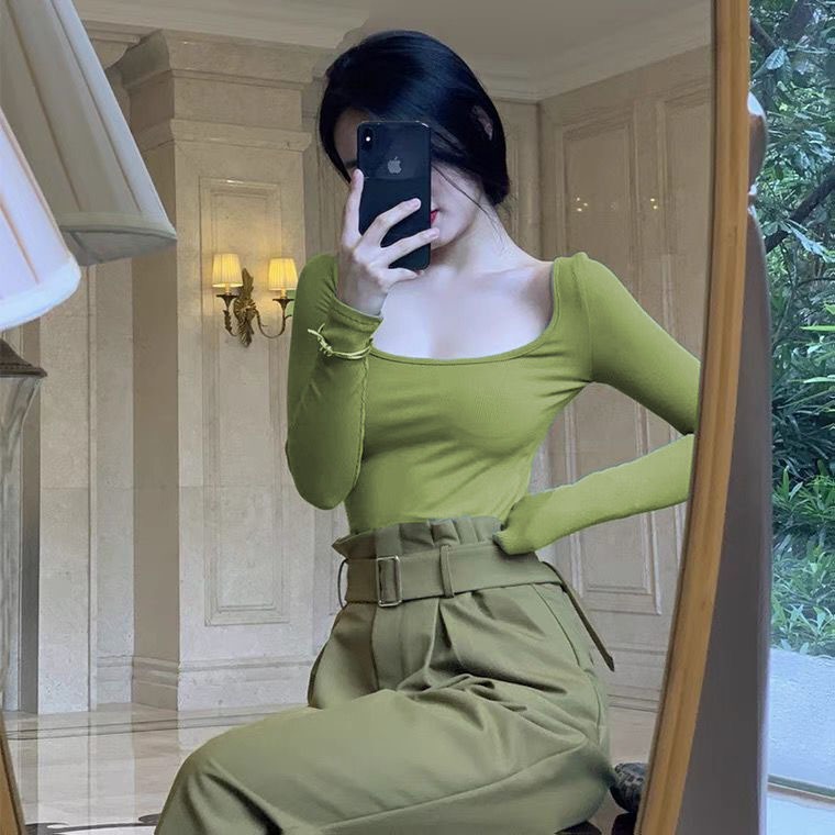 秋冬季长袖t恤女辣妹U领显瘦设计感小众内搭打底衫百搭上衣气质