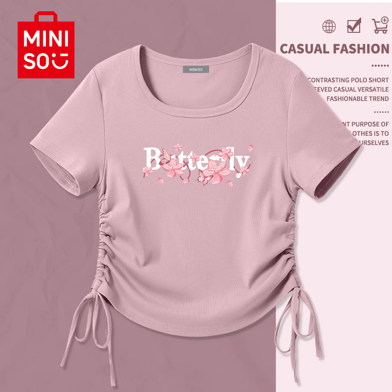 MINISO/名创优品粉色短袖t恤女2024夏季纯欲短款小个子修身上衣Z